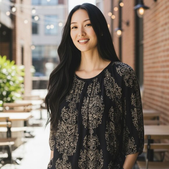 Lucky Brand Black and Cream Patterned Tunic Top 1x - Picture 5 of 13
